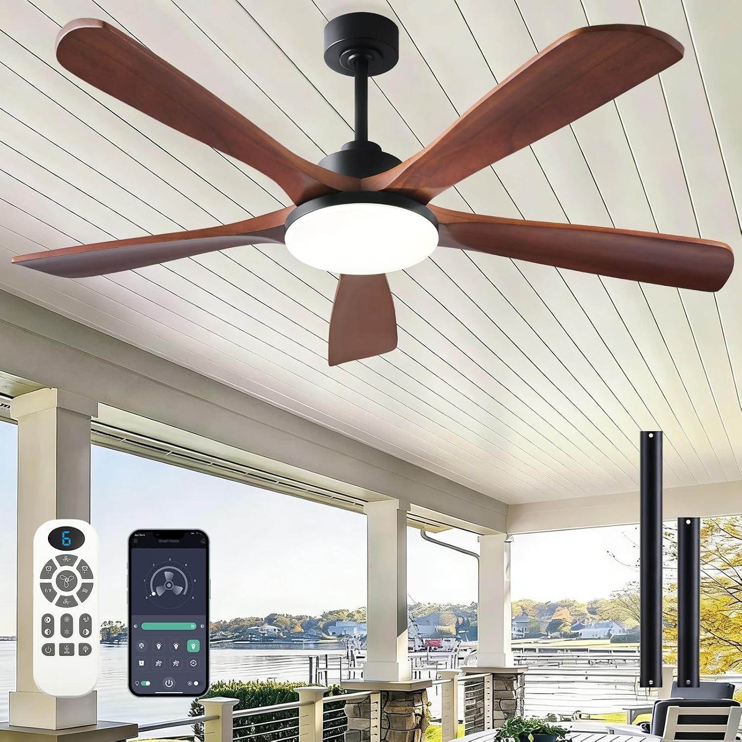 NKPU Ceiling Fans with Lights and Remote Control, 5 Solid Wood Blades, 3CCT Dimmable, Quiet DC Motor, 56 Inch Modern Outdoor Ceiling Fans for Bedroom Farmhouse Patios