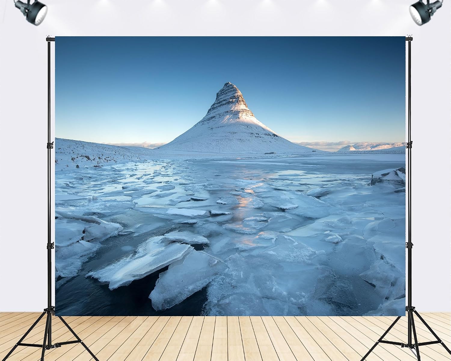 Trykid 20x10ft Ice Lake Peak Mountain Backdrop Frozen Ice Sheet Clear Sky Snowy Plain Scenery Photography Background Winter Travel Party Decoration Photo Booth Prop Fabric