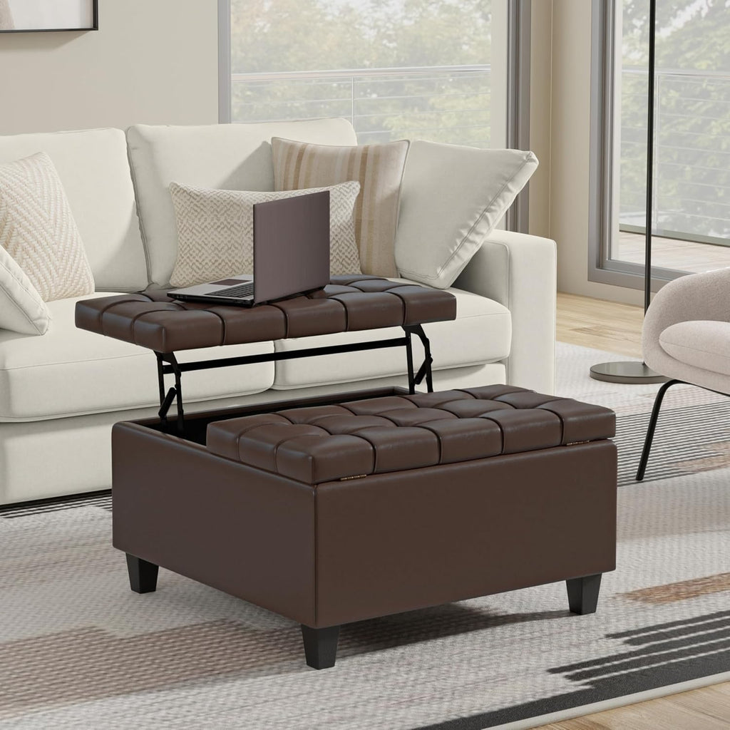 SIMPLIHOME Harrison Small Coffee Table Storage Ottoman - 30 inch Wide Upholstered Vegan Leather Square Lift-Top Ottoman in Chocolate Brown, Transitional Ottoman for Living Room with Hidden Storage