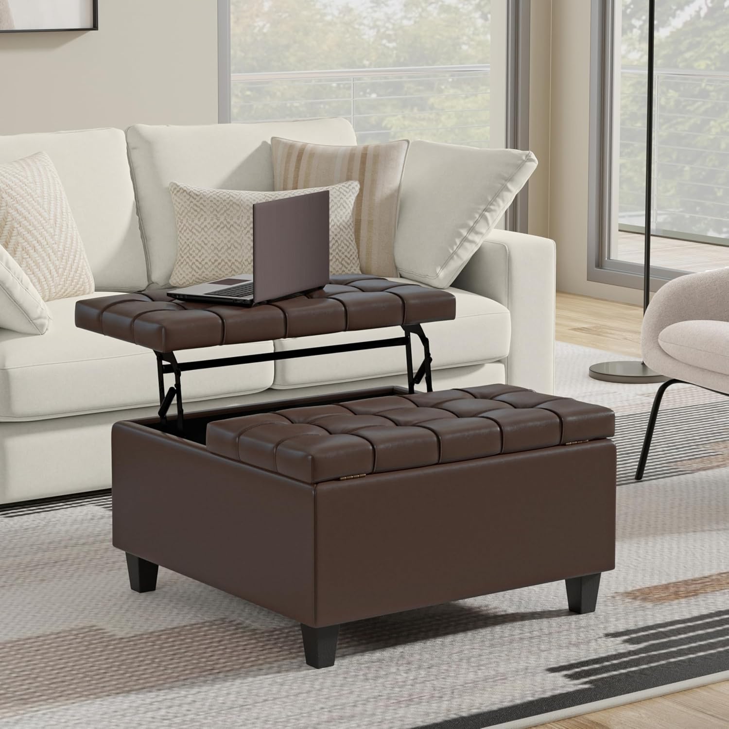 SIMPLIHOME Harrison Small Coffee Table Storage Ottoman - 30 inch Wide Upholstered Vegan Leather Square Lift-Top Ottoman in Chocolate Brown, Transitional Ottoman for Living Room with Hidden Storage