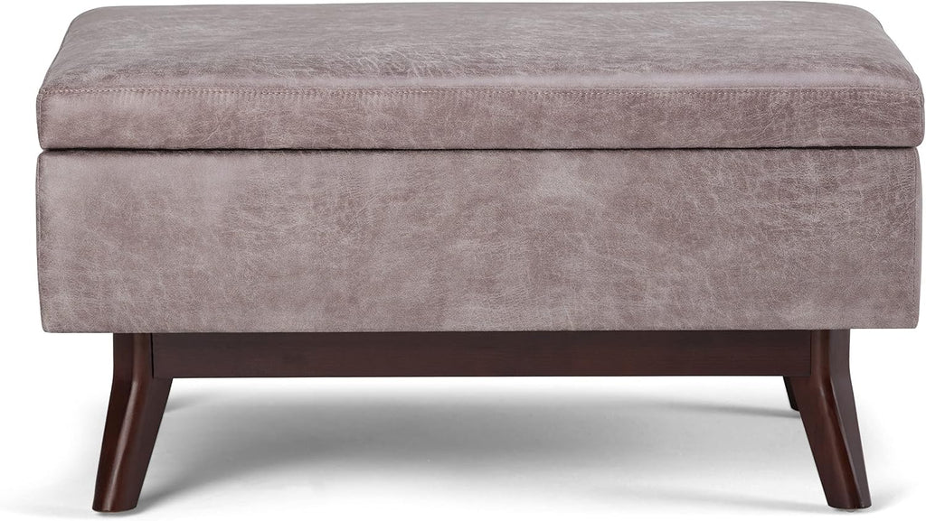 SIMPLIHOME Owen Coffee Table Storage Ottoman - 34' Wide x 19' High Upholstered Vegan Leather Rectangular Lift-Top Ottoman in Distressed Grey Taupe, Mid-Century Modern Bench with Tapered Legs