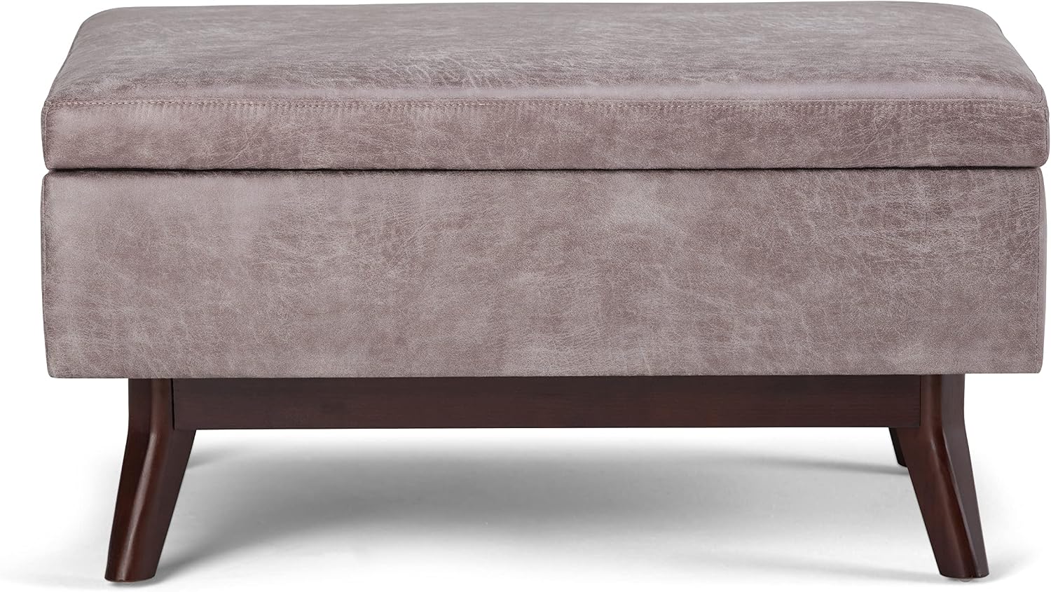 SIMPLIHOME Owen Coffee Table Storage Ottoman - 34' Wide x 19' High Upholstered Vegan Leather Rectangular Lift-Top Ottoman in Distressed Grey Taupe, Mid-Century Modern Bench with Tapered Legs