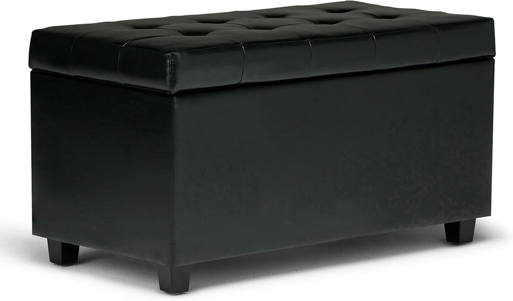 SIMPLIHOME Cosmopolitan Storage Ottoman - 34 inch Wide Upholstered Vegan Leather Rectangle Storage Ottoman Bench in Midnight Black, Transitional Tufted Ottoman for Living Room with Lift-Up Lid