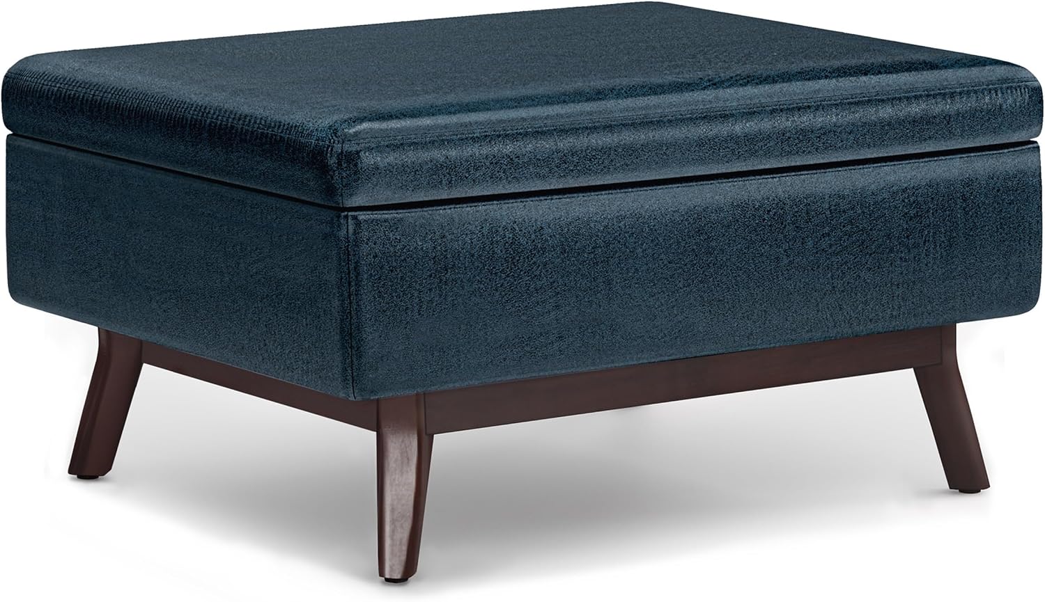 SIMPLIHOME Owen Coffee Table Storage Ottoman - 34' Wide x 19' High Upholstered Vegan Leather Rectangular Lift-Top Ottoman in Distressed Dark Blue, Mid-Century Modern Bench with Tapered Legs