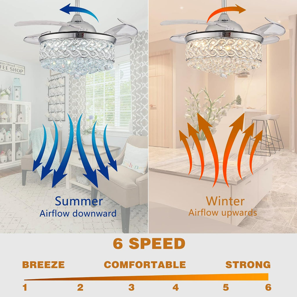 DuMaiWay 36' Dimmable Ceiling Fan Chandelier with Lights and Remote, Fandelier, Crystal Ceiling Fan Retractable Invisible Blade LED Lighting for Bedroom Living Room 6 Speed Chrome