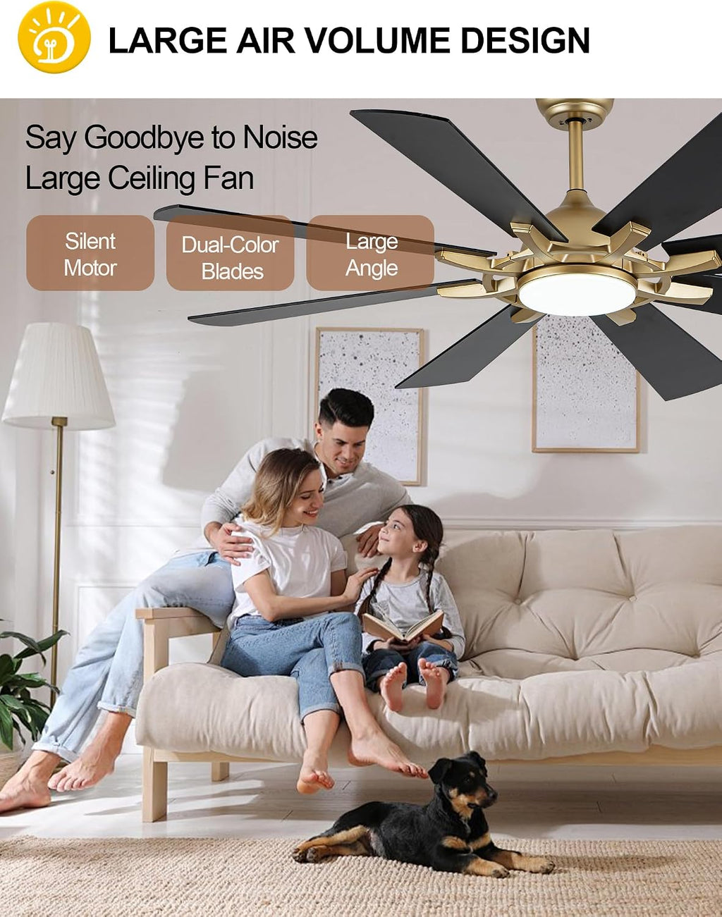Dawn Whisper 60 Inch Black and Gold Ceiling Fans with Lights and Remote 6 Speed Reversible DC Motor Modern LED Ceiling Fans for Bedroom Living Room