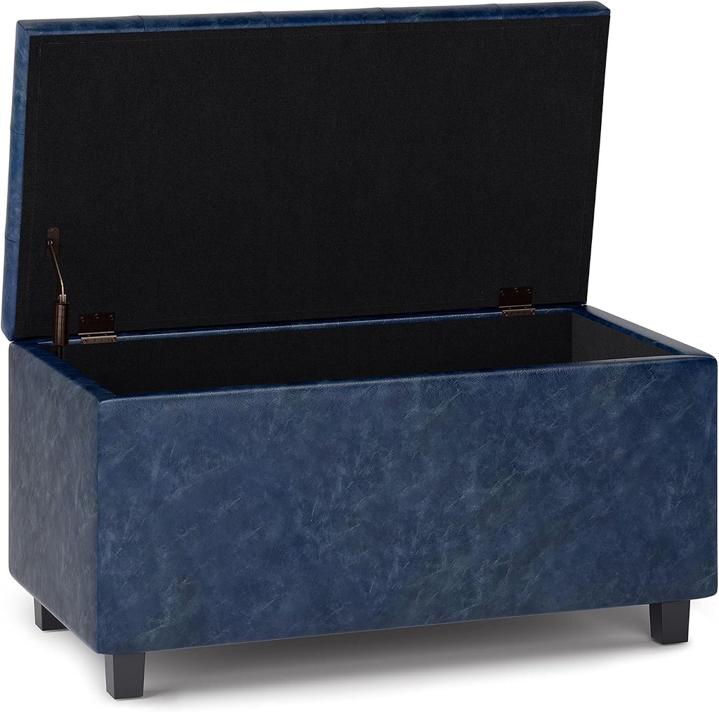 SIMPLIHOME Cosmopolitan Storage Ottoman - 34 inch Wide Upholstered Vegan Leather Rectangle Storage Ottoman Bench in Denim Blue, Transitional Tufted Ottoman for Living Room or Entryway with Lift-Up Lid