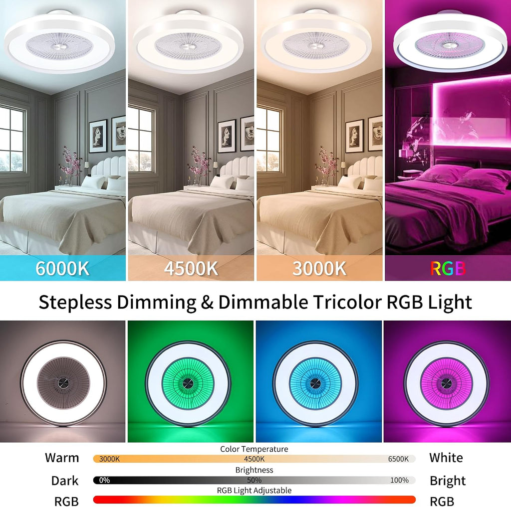 24' Low Profile Ceiling Fan with RGB Lights, Bladeless Ceiling Fan with Remote/APP/Voice Control, 6 Speeds Flush Mount Smart for Bedroom