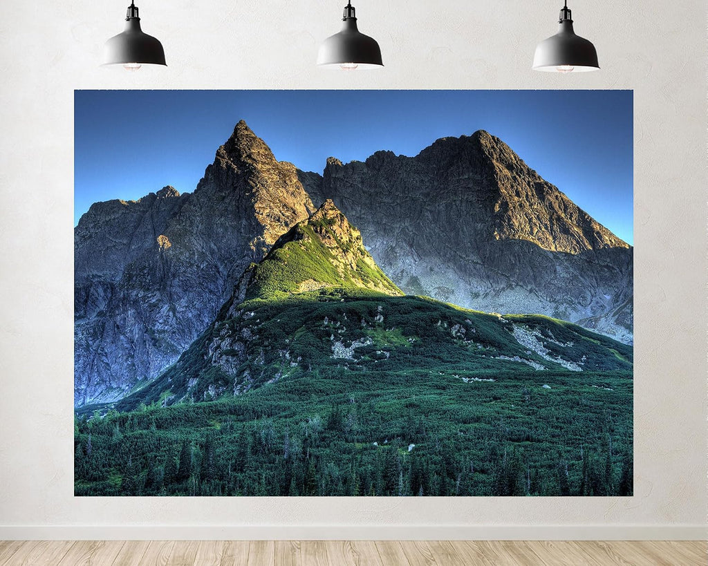Trykid 20x10ft Jagged Mountain Peaks Backdrop Lush Green Slopes Dense Evergreen Forest Clear Blue Sky Photography Background Mountain Hiking Expedition Party Decoration Photo Booth Prop Fabric