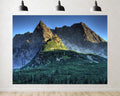 Trykid 20x10ft Jagged Mountain Peaks Backdrop Lush Green Slopes Dense Evergreen Forest Clear Blue Sky Photography Background Mountain Hiking Expedition Party Decoration Photo Booth Prop Fabric