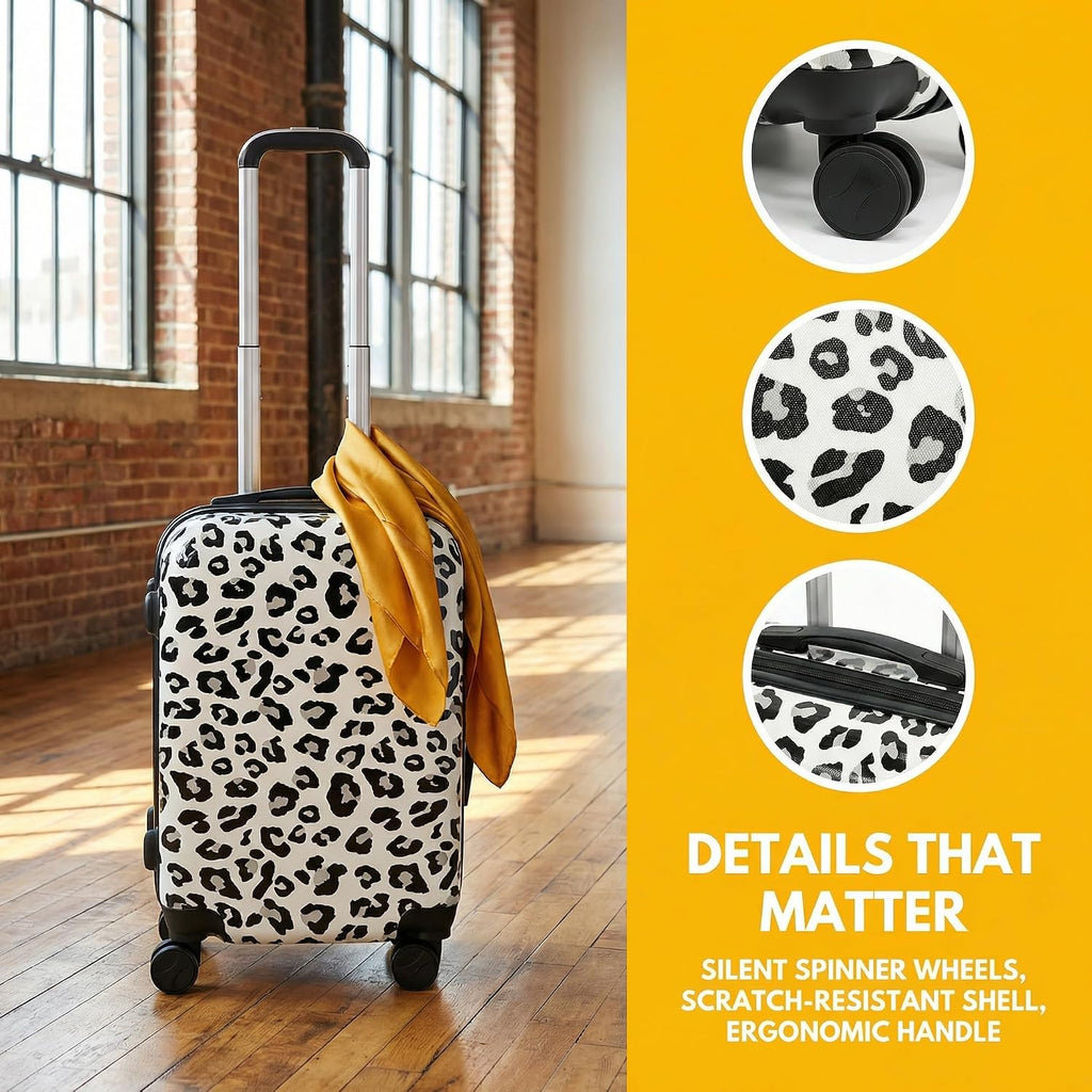 White Leopard Print Luggage Set 4 Pieces, Lightweight Scratch-Resistant Hardshell Suitcases with Spinner Wheels, 14' Underseat Bag & 28' Large Check-in, Animal Print Rolling Luggage for Women Men