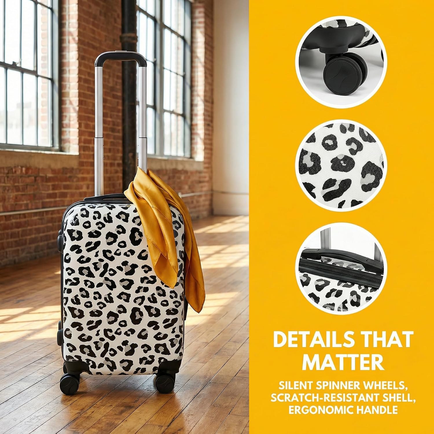 White Leopard Print Luggage Set 4 Pieces, Lightweight Scratch-Resistant Hardshell Suitcases with Spinner Wheels, 14' Underseat Bag & 28' Large Check-in, Animal Print Rolling Luggage for Women Men