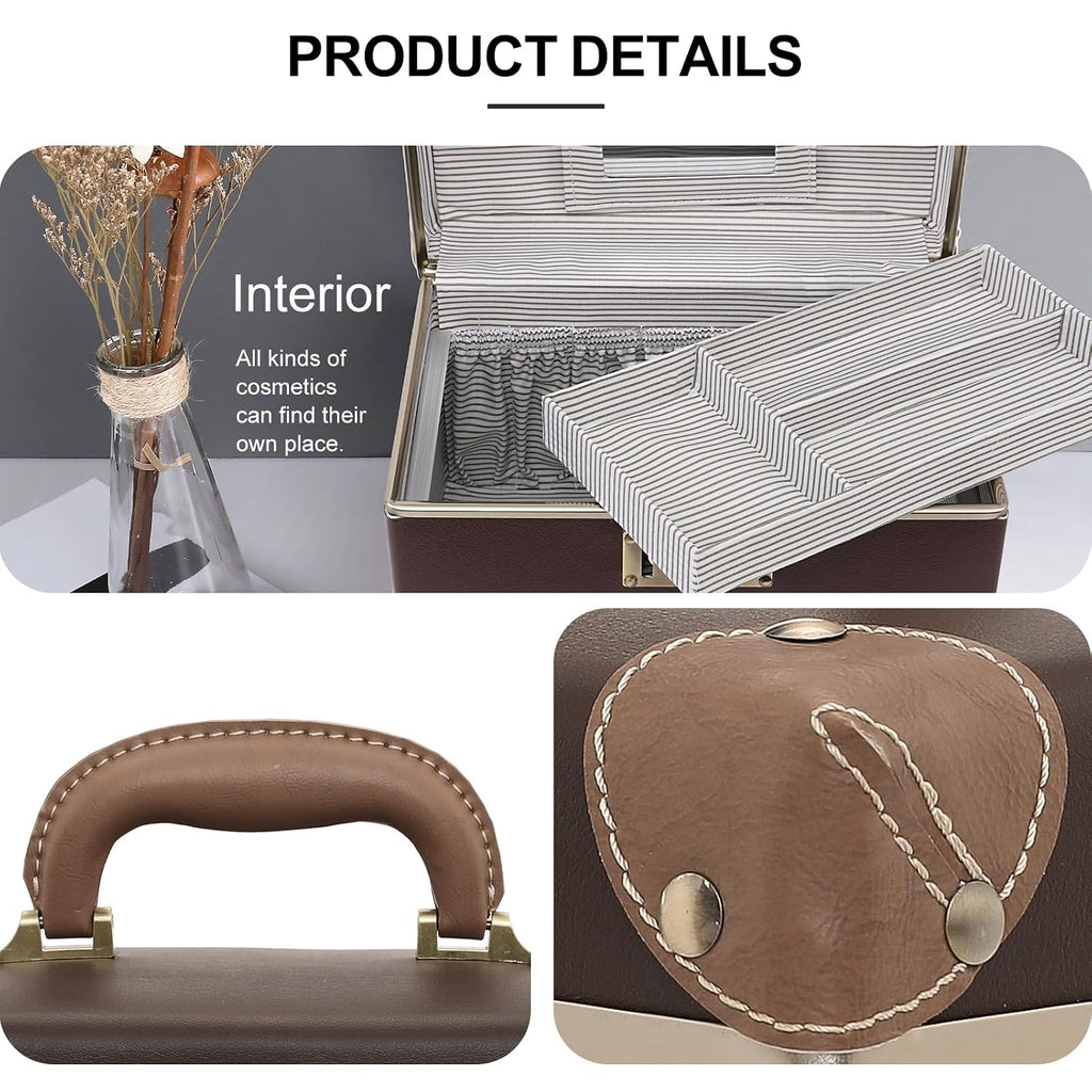 urecity Retro Vintage Makeup Train Case, Brown Artificial Leather, Professional Cosmetic Organizer with Combination Lock, Striped Interior