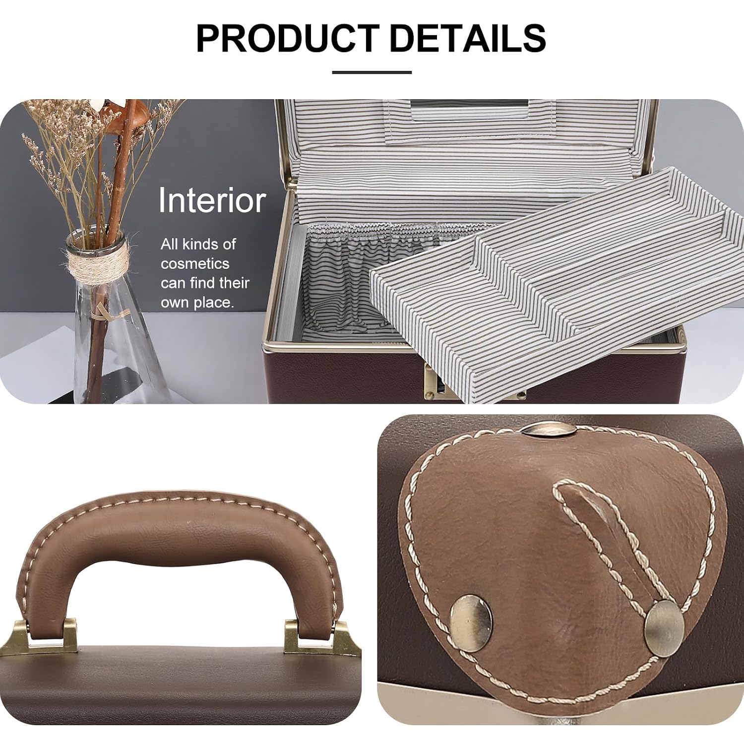 urecity Retro Vintage Makeup Train Case, Brown Artificial Leather, Professional Cosmetic Organizer with Combination Lock, Striped Interior