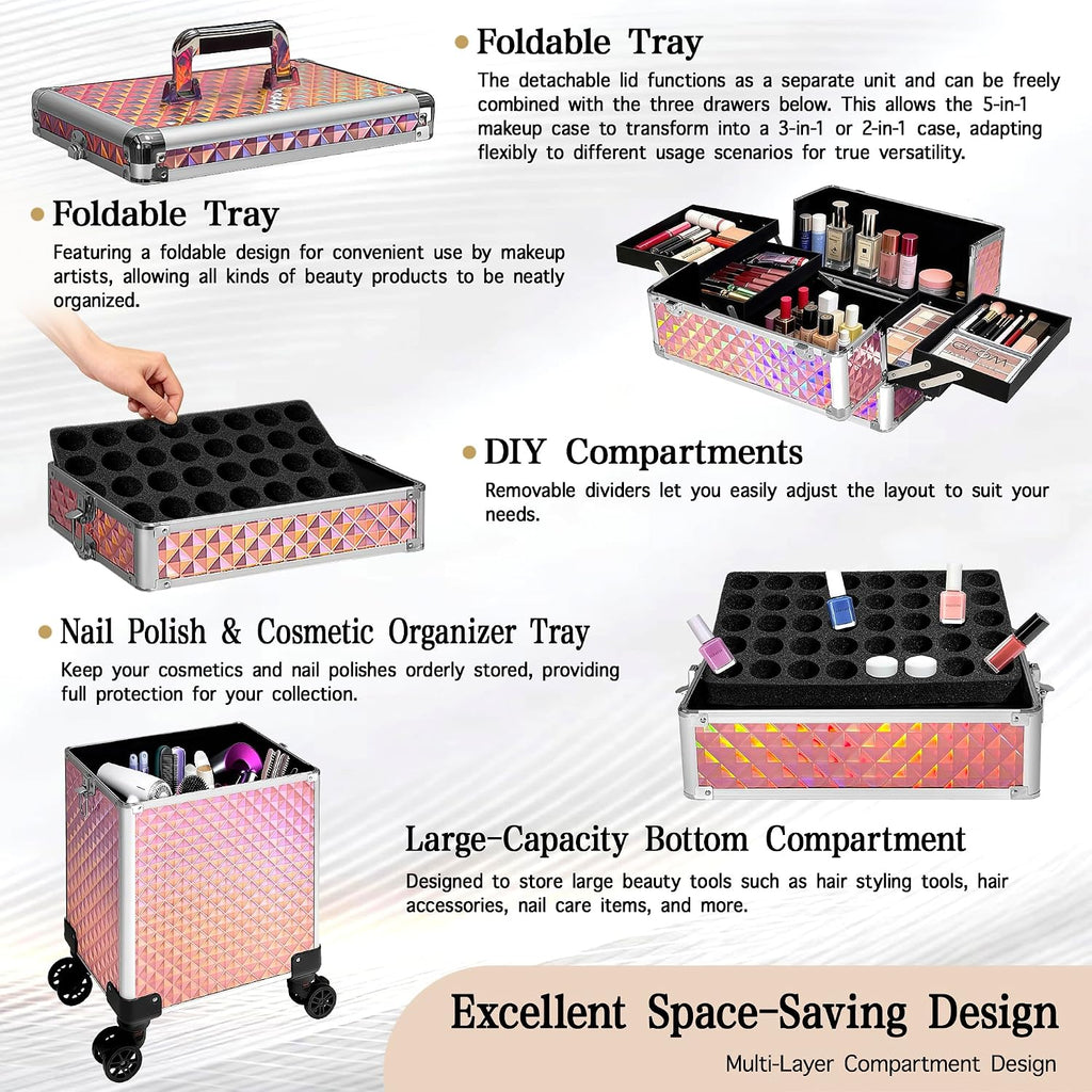 5 in 1 Rolling Makeup Train Case on Wheels Large Cosmetic Organizer Travel Cart for Women Beauty Salon Barber Hairstylist Pink
