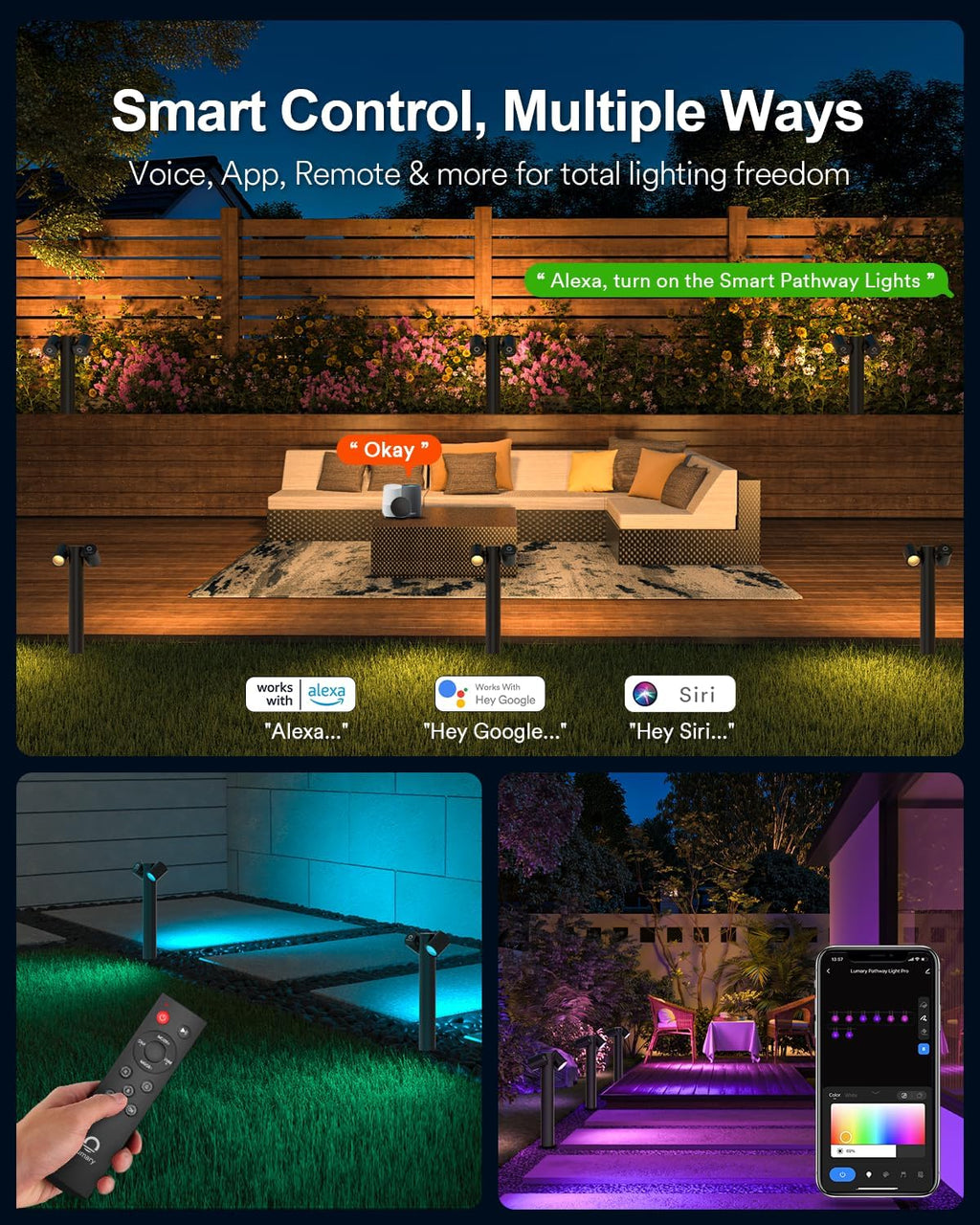 Lumary Smart Pathway Lights Pro 700LM, RGBAICW Color Changing Landscape Lights with 8 Adjustable 355° Spot Lights IP65 Waterproof, 48FT Wired Outdoor Landscape Lighting, WiFi APP/Voice/Remote (4 Pack)