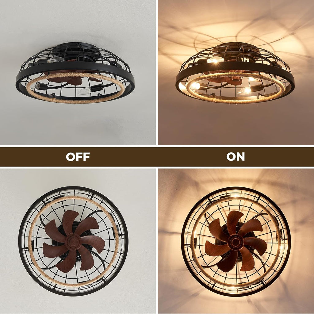 20' Boho Black Caged Ceiling Fan with Lights and Remote, Rustic Flush Mount Bladeless Ceiling Fan Low Profile, Small Farmhouse Hand Woven Rattan Ceiling Fan for Bedroom, Kitchen, Indoor