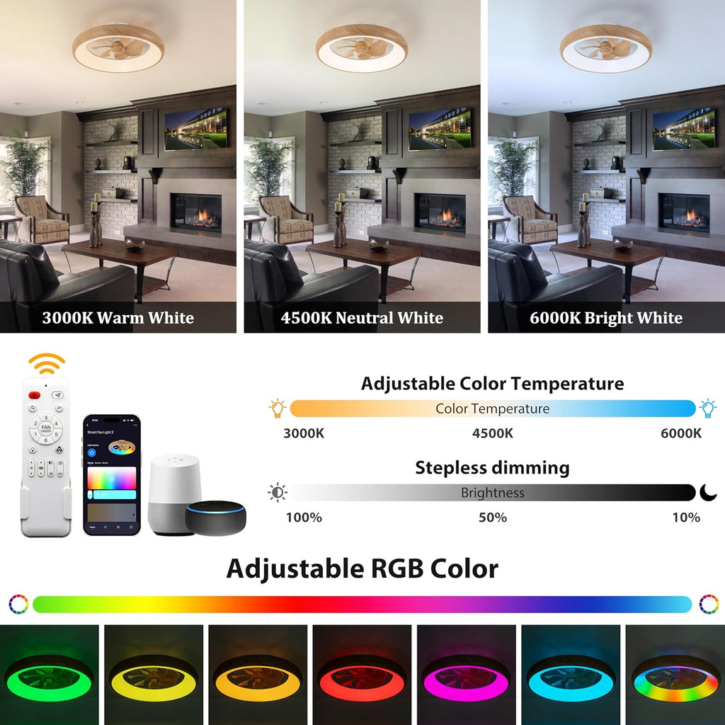 Low Profile Ceiling Fans with Lights, Dimmable Smart RGB Ceiling Fan with Alexa/Google Assistant/App/Remote Control, 6-Speeds Reversible Woodgrain LED Ceiling Fan for Bedroom Kitchen Foyer