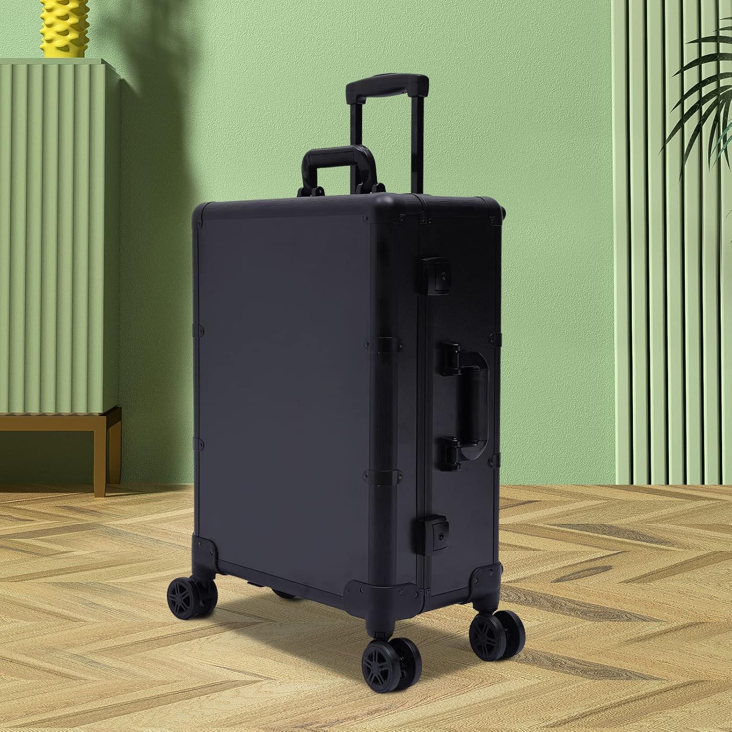20' Aluminum Trolley Makeup Train Case with Mirror &LED Lights, Professional Cosmetic Organizer Makeup Suitcase with Wheels, Portable Makeup Vanity Rolling Vanity Makeup Station for Travel (Black)
