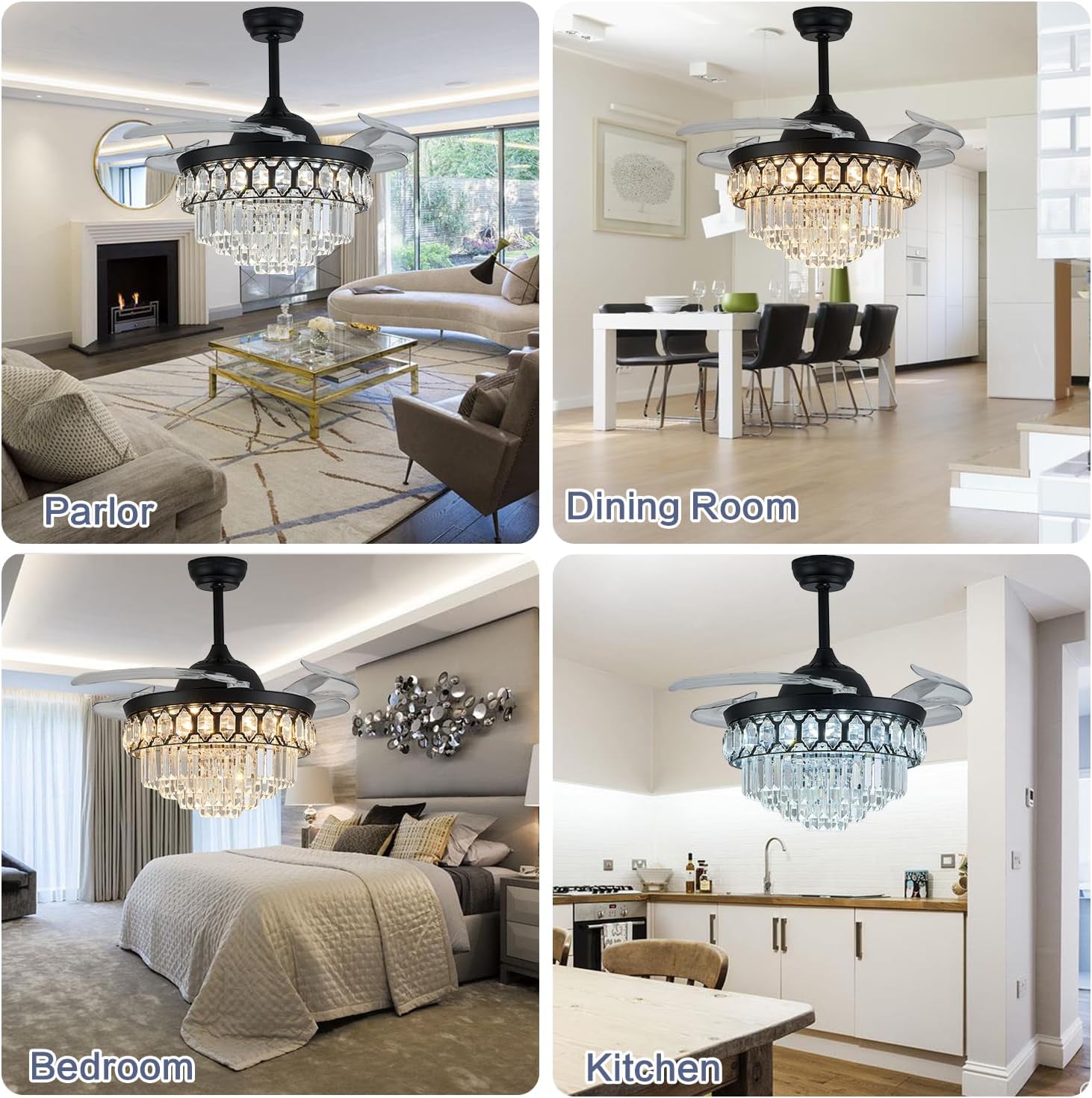 48' Dimmable Black Fandelier Ceiling Fans with Lights and Remote Modern Retractable Blade Crystal Chandelier Ceiling Fan with Light for Bedroom Dinning Room Living Room