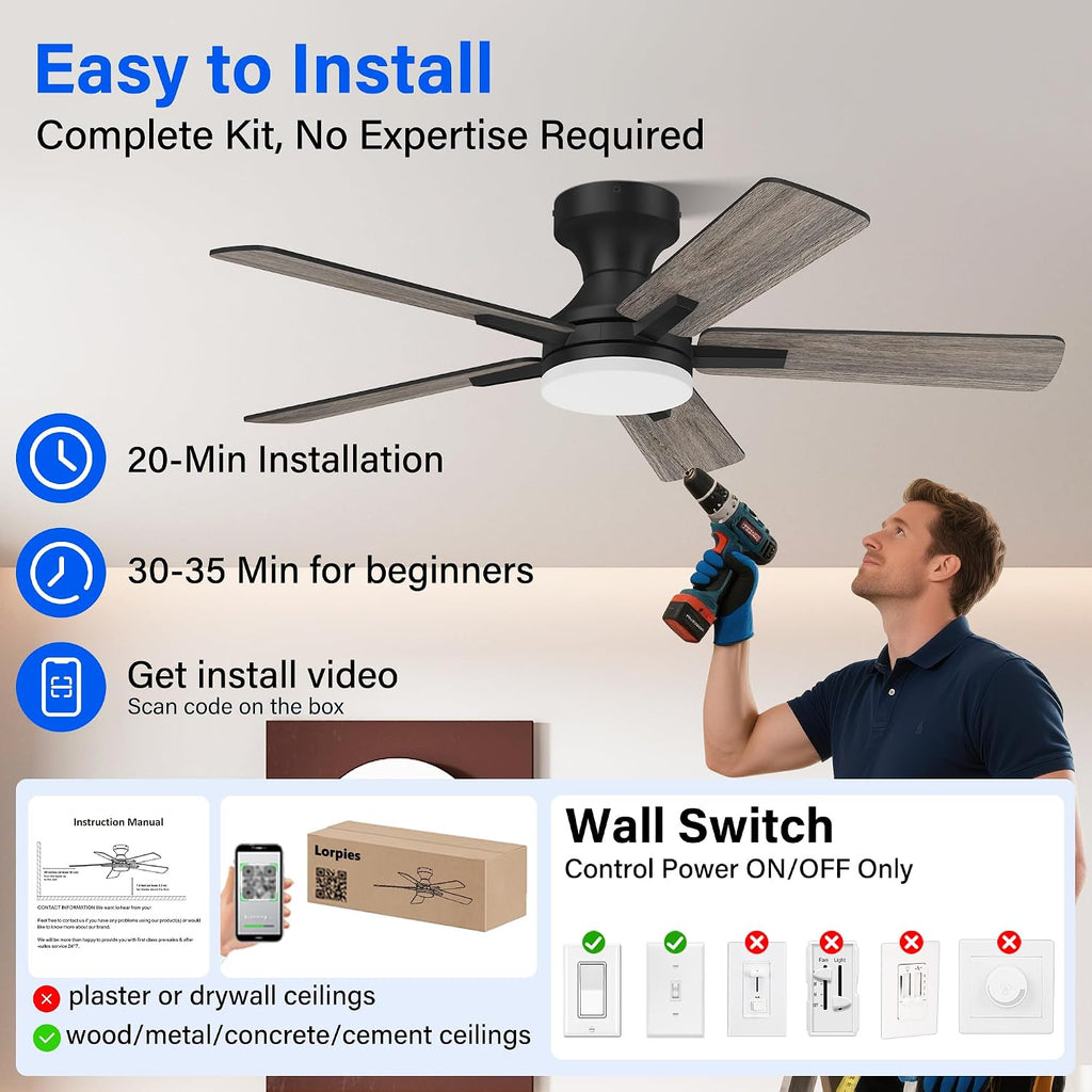 42 Inch Ceiling Fans with lights,RGB Low Profile Ceiling Fan with Light and Remote Control,APP,Black Flush Mount Ceiling Fans for Small Bedroom,Patio,Porch,Outdoor Indoor Use,5 Blades,Dimmable,Quiet
