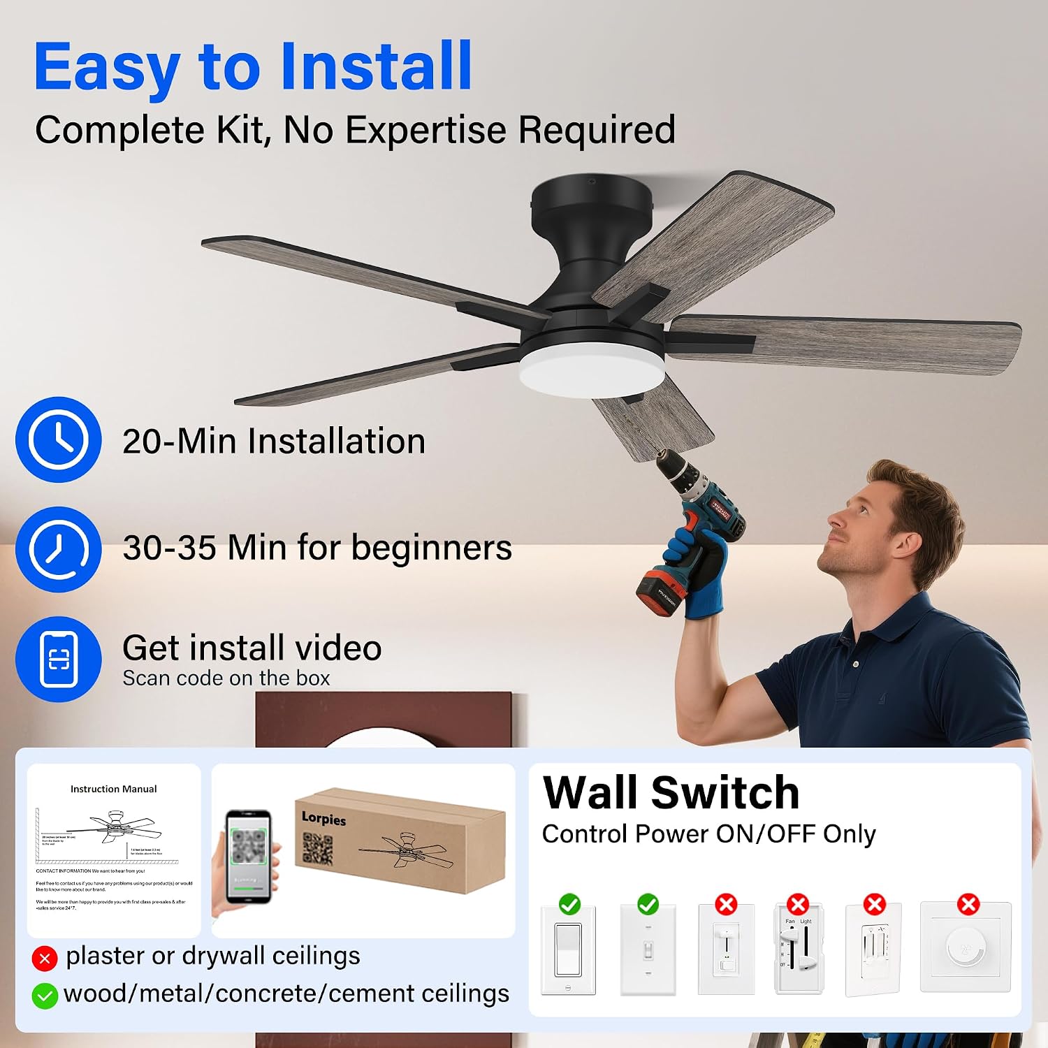 42 Inch Ceiling Fans with lights,RGB Low Profile Ceiling Fan with Light and Remote Control,APP,Black Flush Mount Ceiling Fans for Small Bedroom,Patio,Porch,Outdoor Indoor Use,5 Blades,Dimmable,Quiet