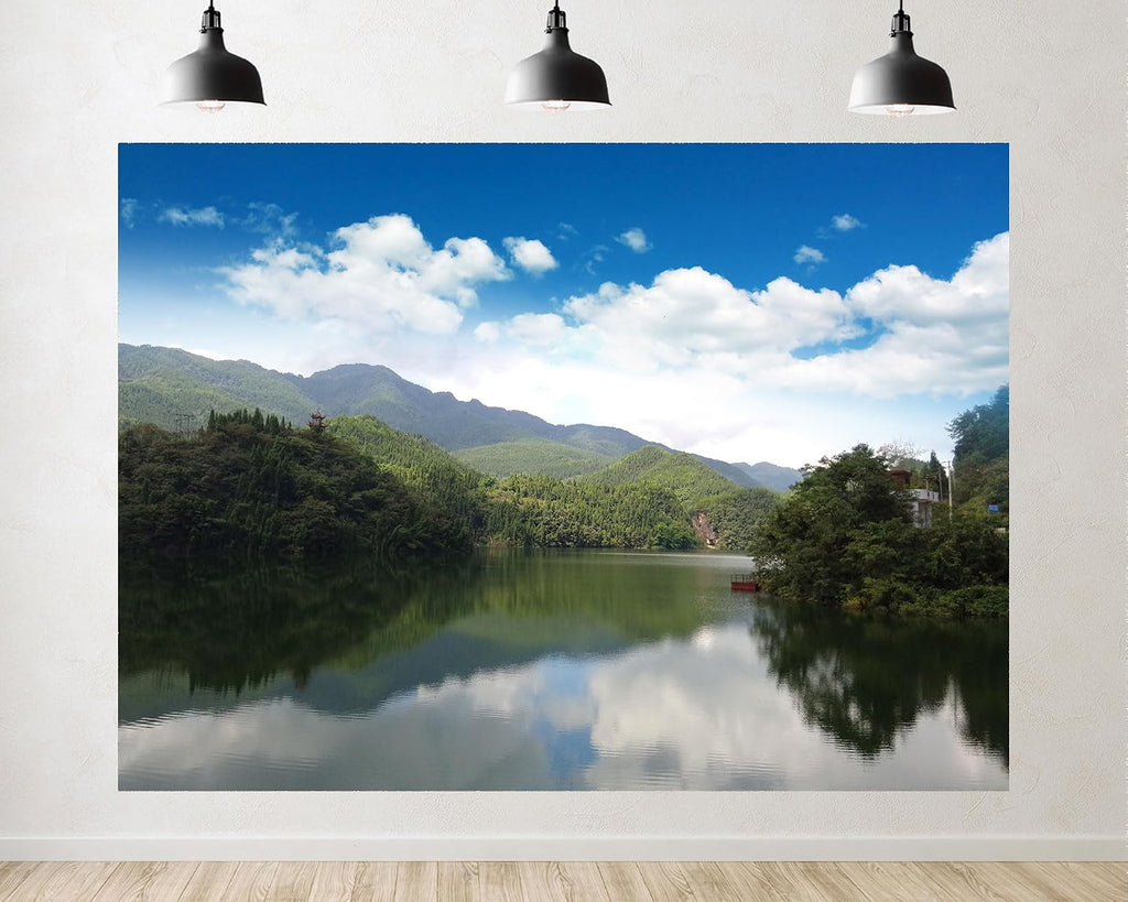 Trykid 20x10ft Mountain Lake Backdrop Calm Reflections Lush Greenery Pagoda Overlook Clear Sky Photography Background Travel Wedding Event Decor Party Decoration Photo Booth Prop Fabric