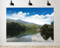 Trykid 20x10ft Mountain Lake Backdrop Calm Reflections Lush Greenery Pagoda Overlook Clear Sky Photography Background Travel Wedding Event Decor Party Decoration Photo Booth Prop Fabric