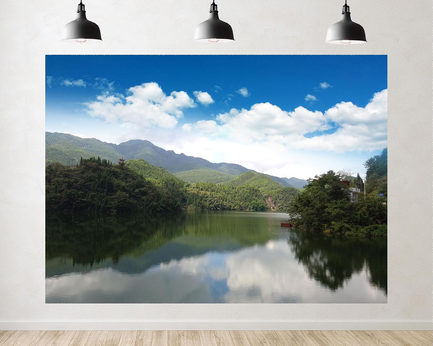 Trykid 20x10ft Mountain Lake Backdrop Calm Reflections Lush Greenery Pagoda Overlook Clear Sky Photography Background Travel Wedding Event Decor Party Decoration Photo Booth Prop Fabric