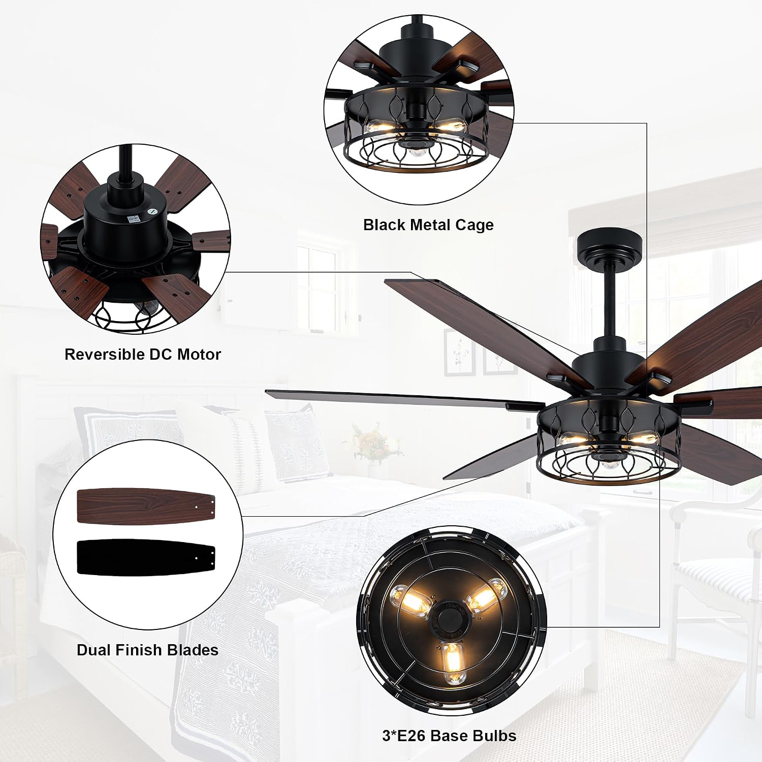 Farmhouse Ceiling Fan with Lights 60 Inch Rustic Ceiling Fan Black Caged Fandelier Large Chandelier Light for Living Room Indoor Outdoor, Reversible DC Motor 6 Speeds, 3 E26 Bulbs
