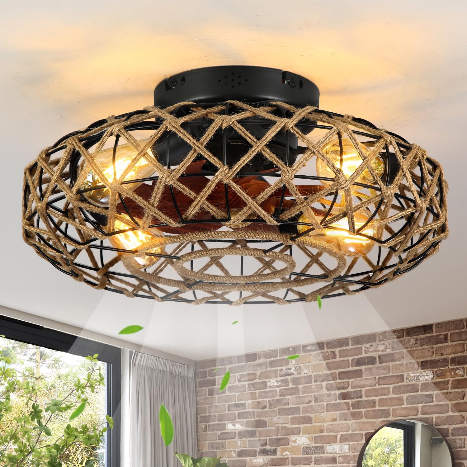 20''Rustic Hemp Rope Caged Ceiling Fans with Lights and Remote Hand-Woven Rattan Flush Mount Ceiling Fan with Light Farmhouse Boho Include Bulbs 6 Speeds Reversible for Bedroom,Kitchen Island