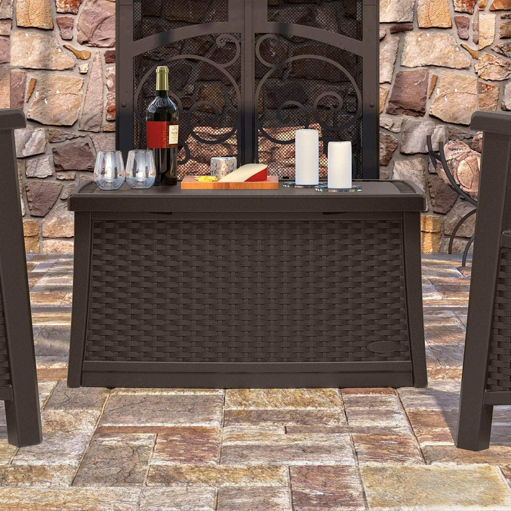 Suncast 30 Gallon Resin Outdoor Patio End Table Storage Box, Java, Made in the USA
