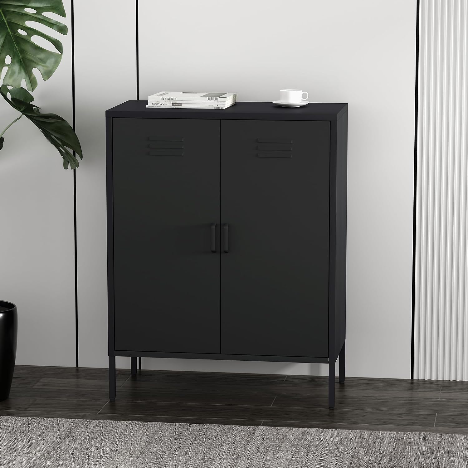 Manhattan Comfort Naomi Modern Metal Accent Cabinet, Minimalist Storage Cabinet with Doors & Adjustable Shelves, Vented Doors, Sturdy Steel Build, Versatile & Multi-Purpose Home Furniture, Black
