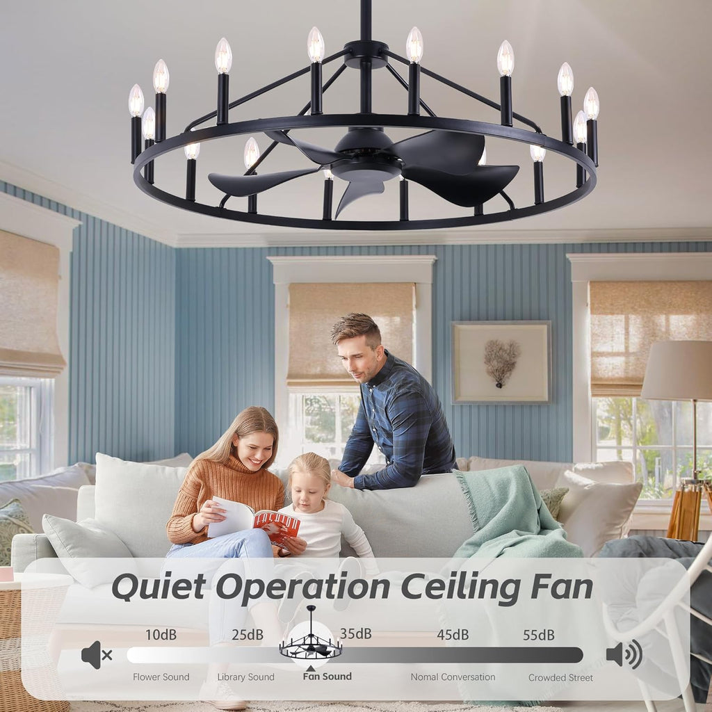 Farmhouse Chandelier Ceiling Fan with Light and Remote, 16-Lights Large Wagon Wheel Fandelier with Candle for Living Room,Rustic Black Fan with Big Light Fixture for Loft