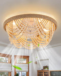 20'' Boho Fandelier Ceiling Fan with Lights Remote Control Flush Mount Chandelier Ceiling Fan for Bedroom Wood Beaded Coastal Chandelier Light for Living Room, 6 Speeds Reversible Quiet