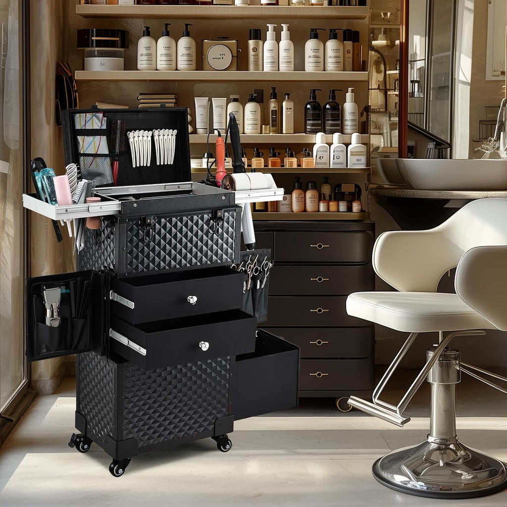 Joligrace Cosmetology Case on Wheels, Rolling Makeup Case for Hairstylists & Makeup Artists， Lockable Professional Make up Case Salon Trolley Cart with Hairdryer Holder for Salon/Barber/Travel, Black