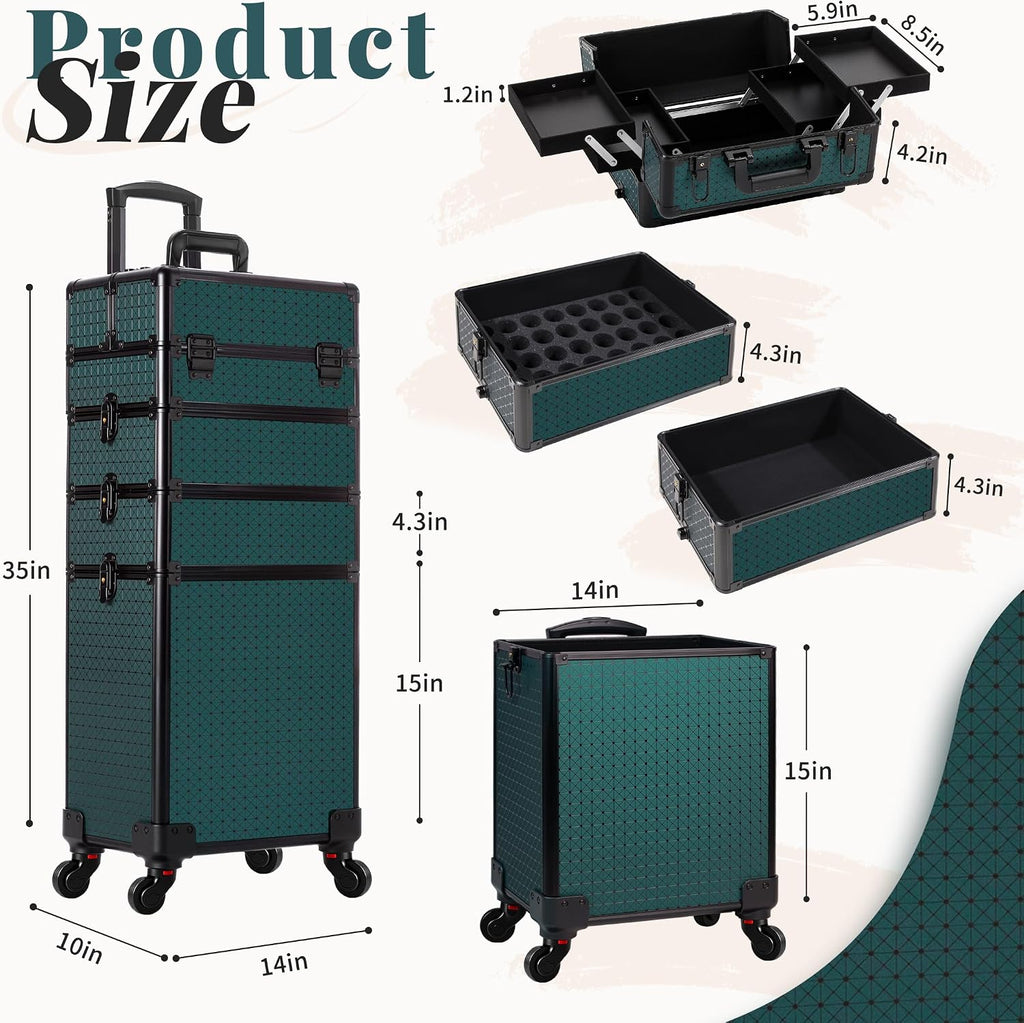 AROUS Rolling Makeup Train Case 4 in 1 Cosmetology Case on Wheels Large Storage Cosmetic Trolley with Key Salon Barber Traveling Cart Trunk, Green