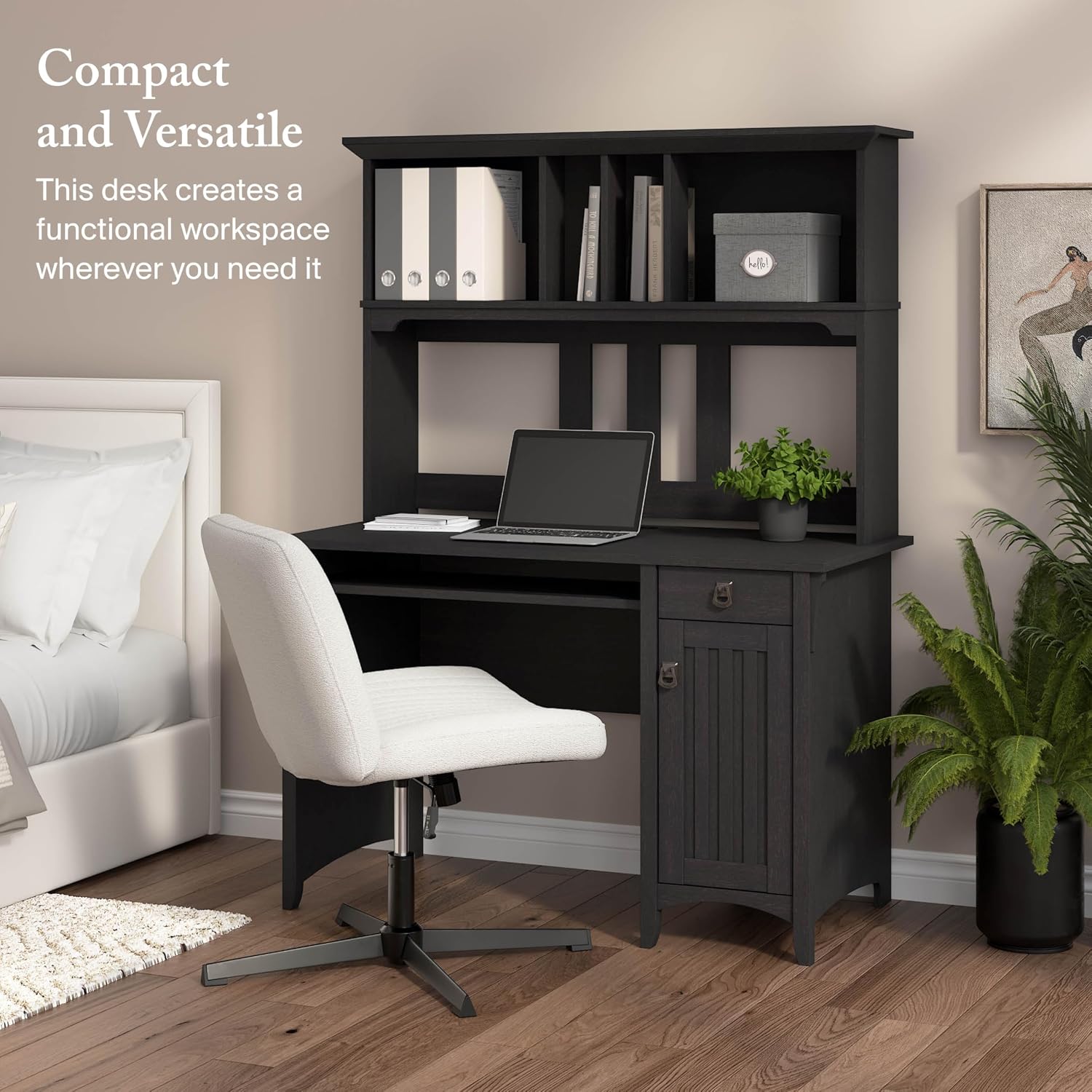 Bush Home Salinas Computer Desk with Hutch | Study Table with Drawers, Cabinets & Pullout Keyboard/Laptop Tray | Modern Home Office Desk in Vintage Black | Work Desk with Storage
