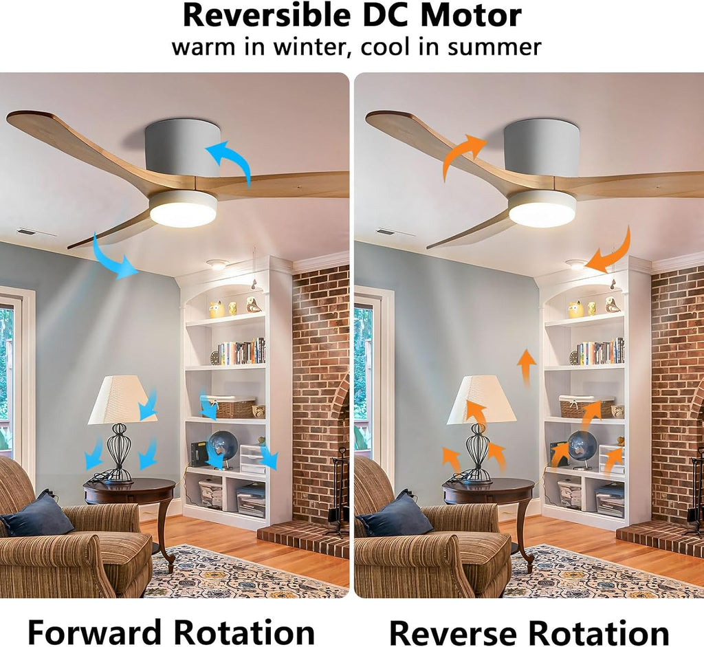 48' Quiet Ceiling Fan with LED Lights - 6 Speed Remote, 3 Color Temperatures, Modern Wood Flush Mount Ceiling Fans for Bedroom, Living Room, Dining Room