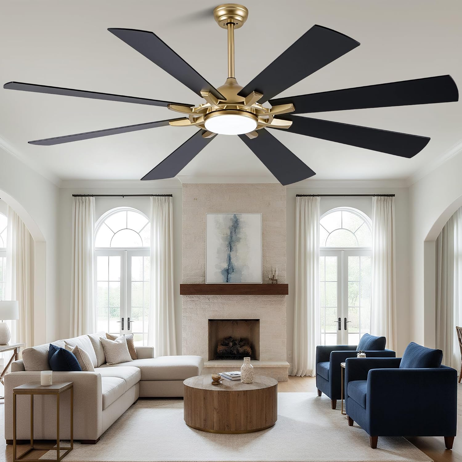 Dawn Whisper Gold Ceiling Fans with Lights 72 Inch Large Modern LED Chandelier Ceiling Fans with Remote for Living Room Bedroom 3 CCT 6 Speed Reversible DC Motor