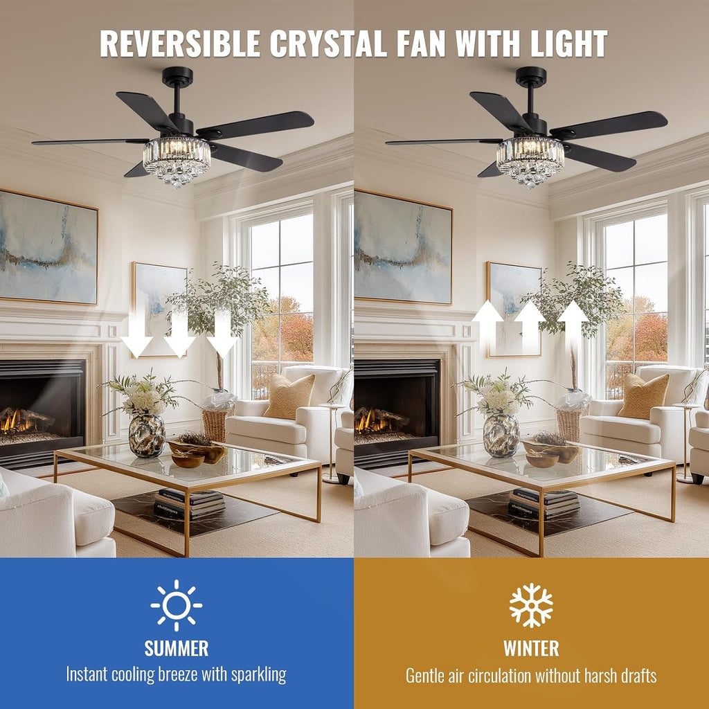 Crystal Fandelier Ceiling Fan with Light,Chandelier Ceiling Fan with Remote and APP Control,Quiet Light for Bedroom, 3 Color Temperature, 52 Inch vintage ceiling fan With 6 Speeds