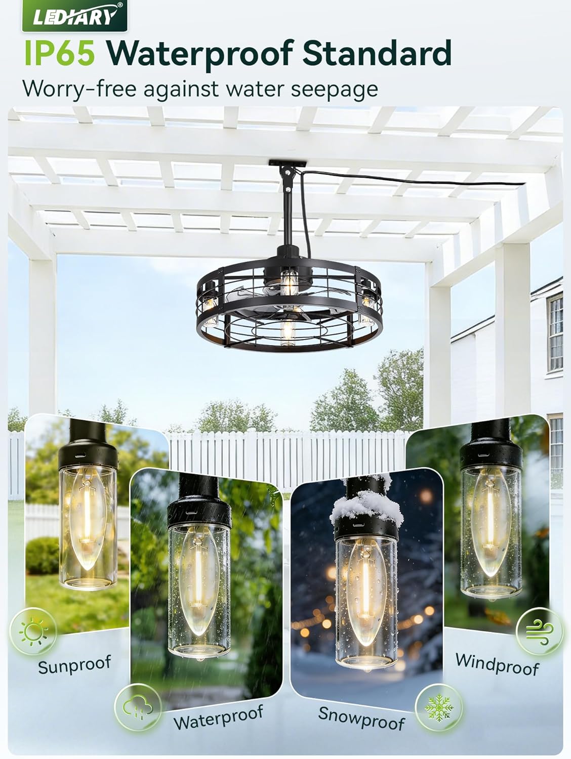 LEDIARY 22' Outdoor Ceiling Fans with Light, Waterproof Gazebo Fan with Hanging Hook, Plug in Ceiling Fan with Remote,Caged Ceiling Fan with 6 Speed Timer for Patio, Porch, Pergola, Black