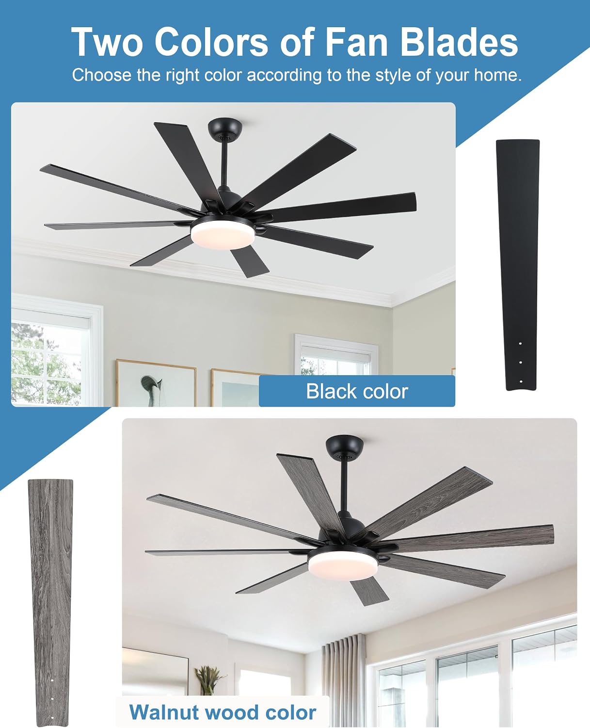 POCHFAN 62 Inch Ceiling Fans with Lights,Large Modern Ceiling fan with Remote and 8 Wooden Blades,Dimmable,6 Speeds,Noiseless Reversible Indoor&Outdoor Fan for Bedroom,Patio,Living Room