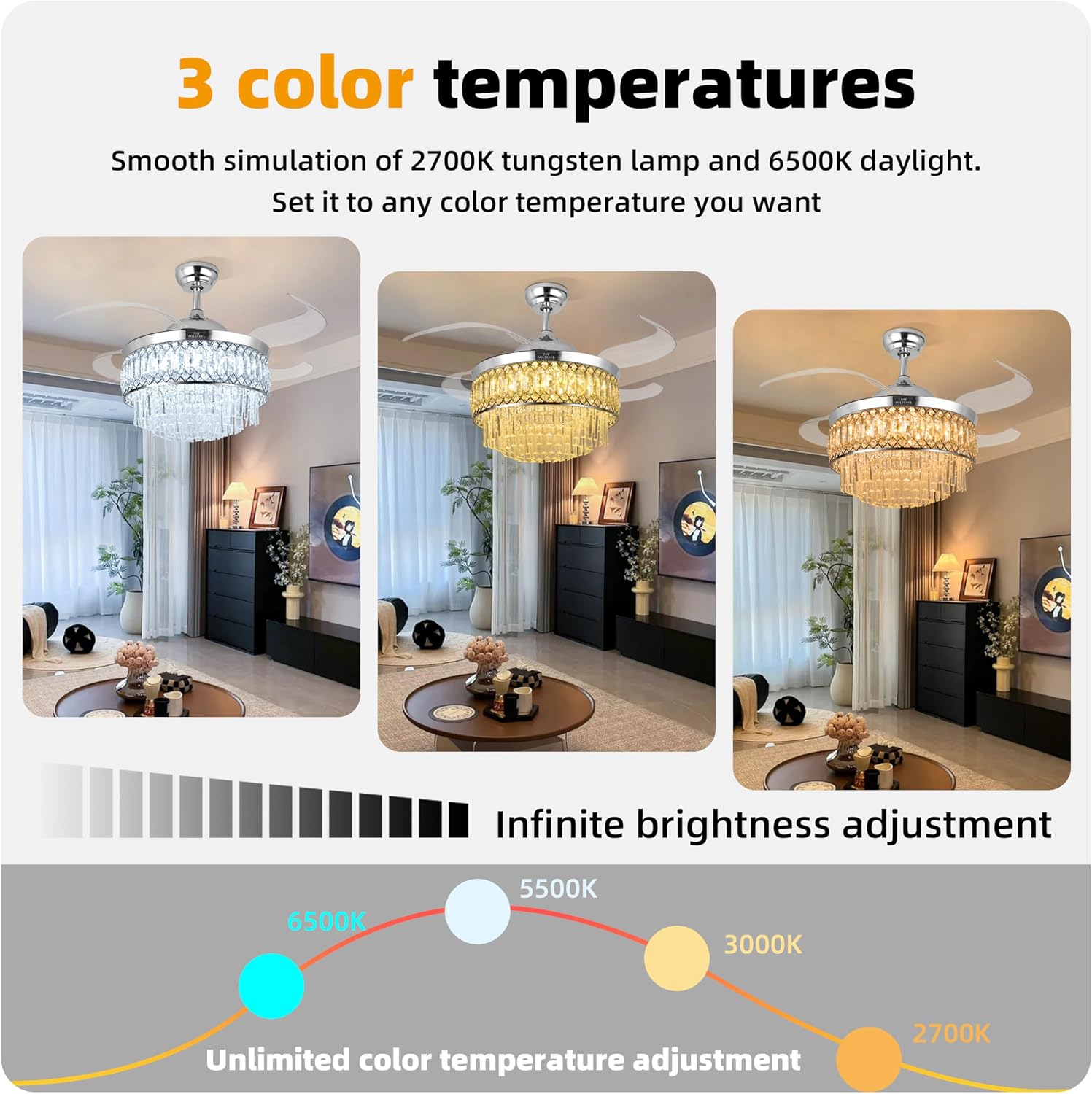Retractable Crystal Ceiling Fan with Lights, Bluetooth Ceiling Fan with Speaker, 6-Speed Reversible Blades, RGB-LED Light, Remote & APP Control Crystal Chandelier for Bedroom Living Room 42'