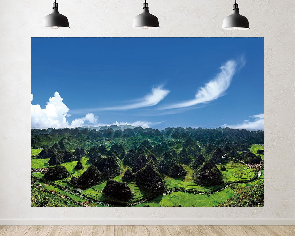 Trykid 20x10ft Karst Peak Forest Rural Backdrop Scenic Green Rice Paddy Rolling Hills Clear Sky Photography Background Farm Themed Party Decoration Photo Booth Prop Fabric