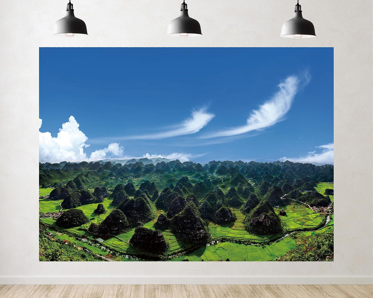 Trykid 20x10ft Karst Peak Forest Rural Backdrop Scenic Green Rice Paddy Rolling Hills Clear Sky Photography Background Farm Themed Party Decoration Photo Booth Prop Fabric
