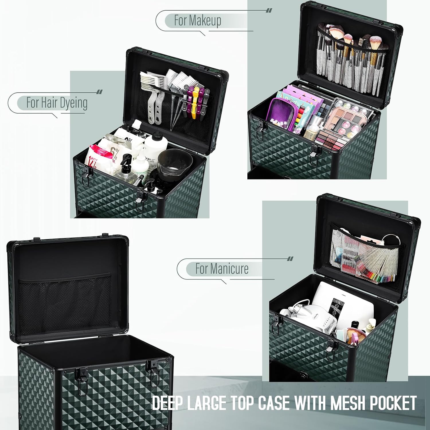 Yueieoun Nail Trolley Cart with 3 Drawers, Salon Station Cosmetology Case on Wheels Rolling Makeup Train Case Nail Case Organizer Beauty Salon Travel Case for Nailart,SPA,Hairstylist,Artist,Dark Green