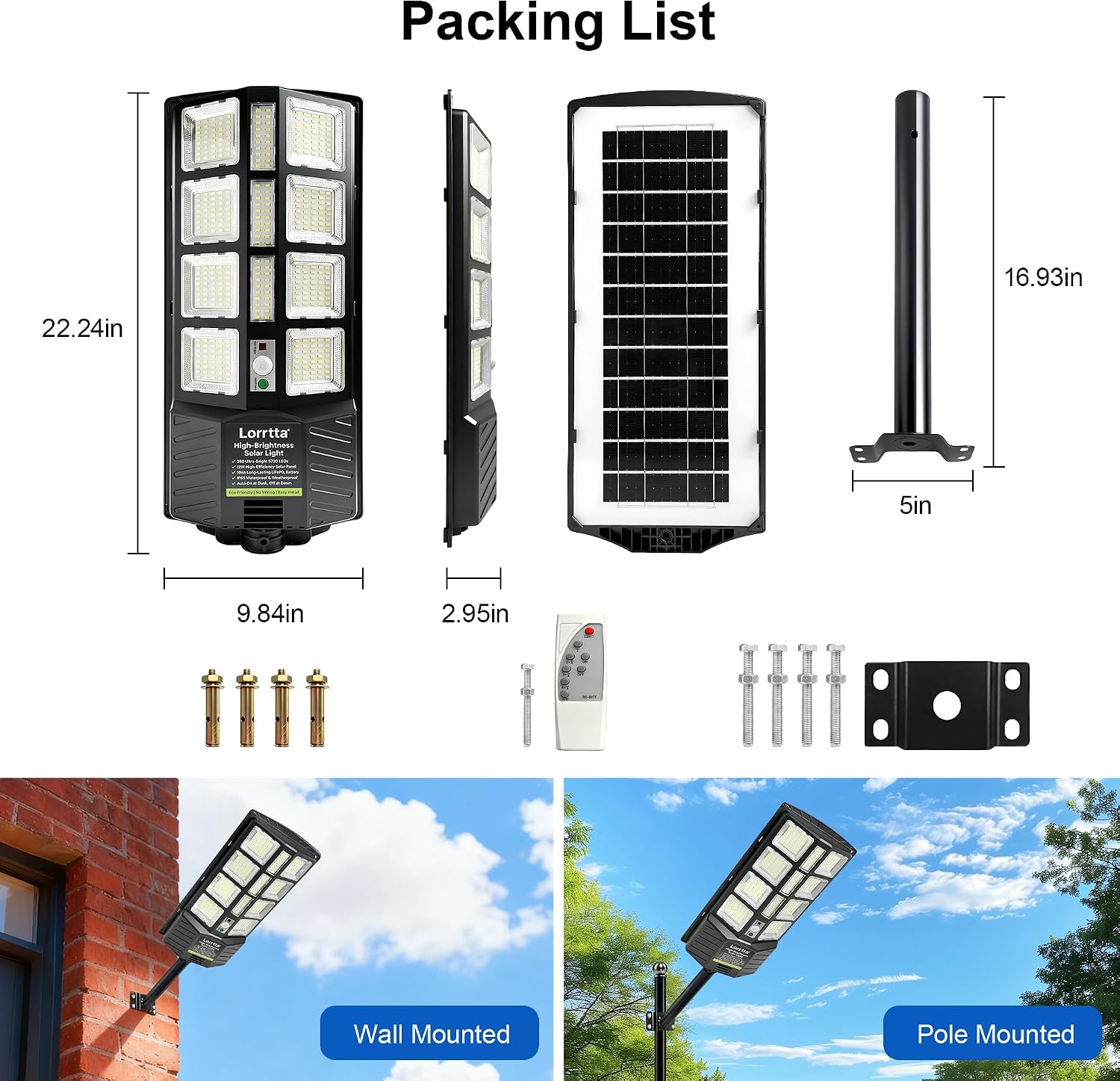 Solar Lights Outdoor Waterproof, 22 Inch Solar Street Light with 380 Ultra Bright 5730 LED, Solar Dusk to Dawn Lights with Remote Control, IP65 Motion Lights for Outside, Parking Lot (2 Pack)
