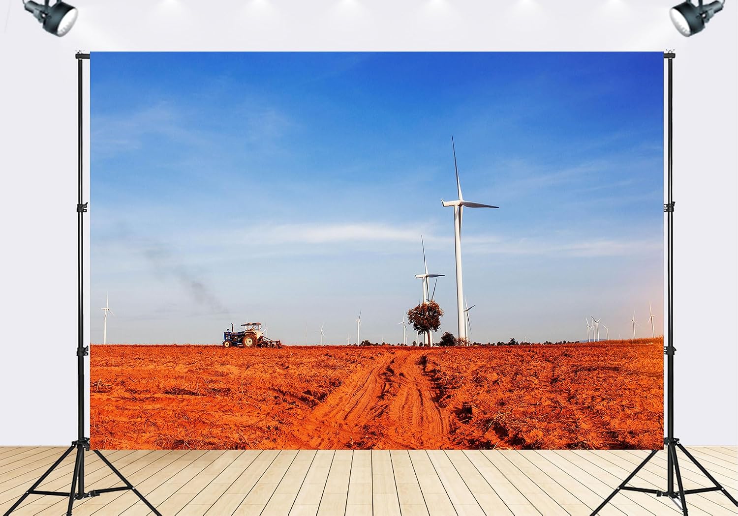 Trykid 20x10ft Wind Turbine Farm Backdrop Red Soil Field Clear Blue Sky Photography Background Home Wall Decor Eco Theme Party Decoration Photo Booth Prop Fabric