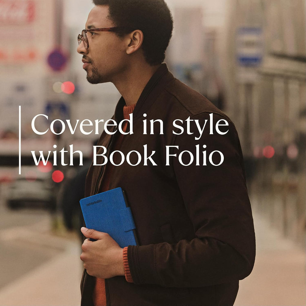 reMarkable Paper Pro Move - Leather Folio Bundle | Ultraportable Color 7.3' Paper Tablet with Marker Plus Pen with Eraser, and a Book Folio Cover in Black Leather